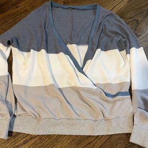 Blue, white, and gray wrap sweater